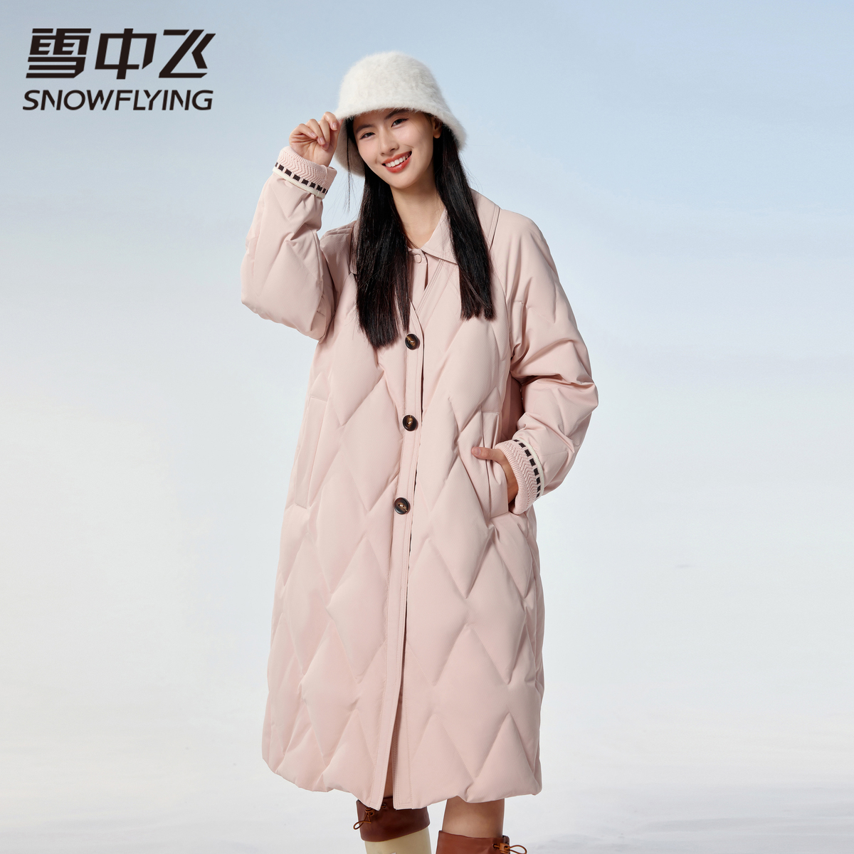 雪中飞女士中长款羽绒服2025新款时尚菱格翻领假两件秋冬保暖外套