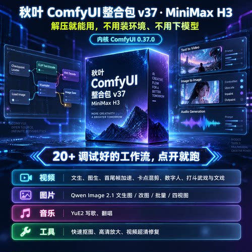 秋叶ComfyUI整合包MiniMax-H3+Qwen-image2.1解压就能用免安装