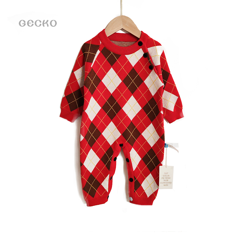 清仓不退换 红色格子新年婴儿秋冬连体衣纯棉针织毛衣宝宝长爬