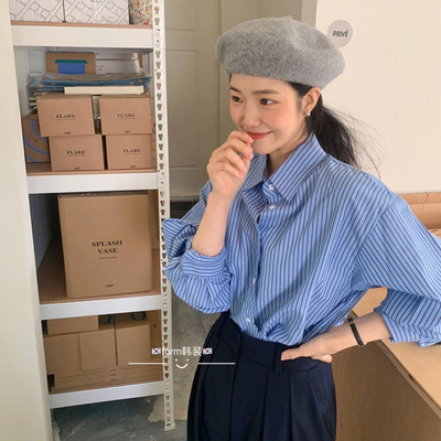 现form韩国东大门代购25新春beginning 韩系休闲宽松百搭条纹衬衫