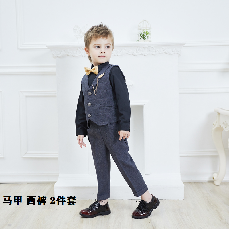 男童西装套装春秋2件套深灰小中童主持宴会礼服宝宝周岁生日西服