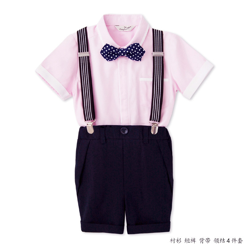 儿童西装背带裤男宝宝生日套装4件套男童西装短裤小男孩夏季礼服