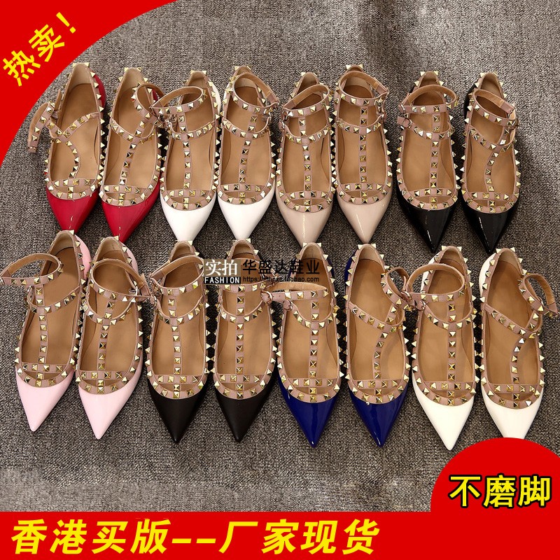 2025春夏新款V家铆钉尖头平底鞋浅口真皮绑带大小码柳丁鞋单鞋女