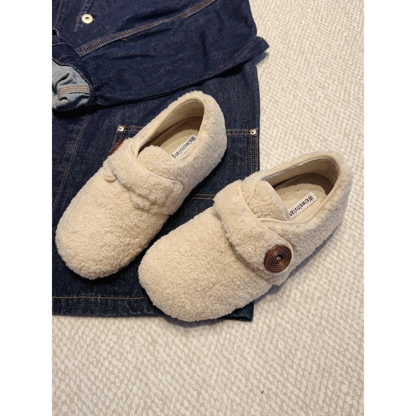 韩国冬季新款毛绒勃肯鞋女加绒保暖豆豆鞋小个子内懒人毛毛鞋