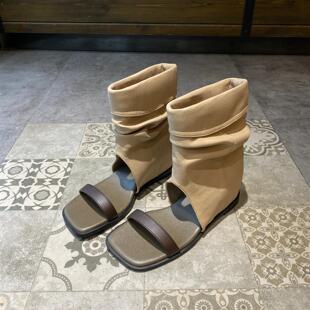 今年超火的堆堆靴女露趾设计巨显腿细上脚超舒服软皮一字带凉鞋女