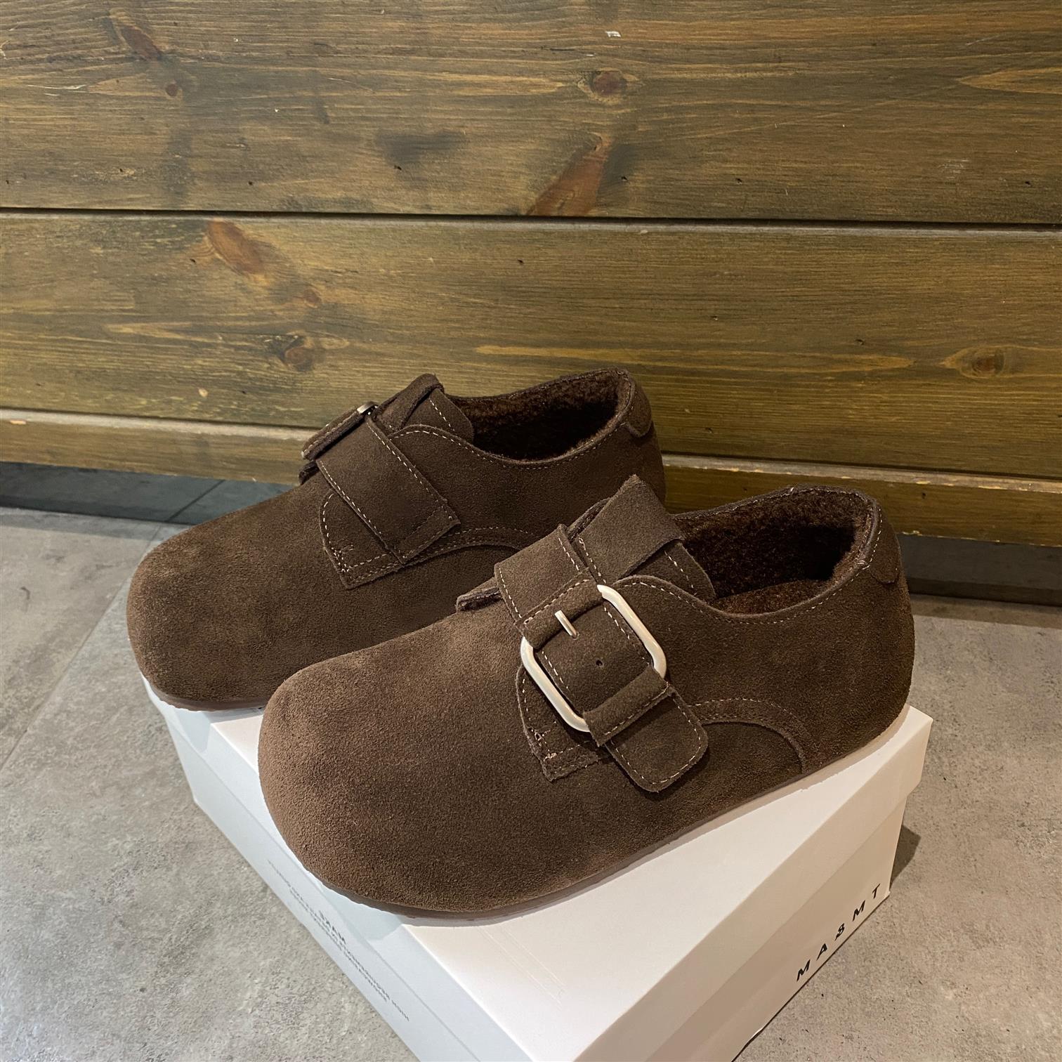 真皮厚底加绒勃肯鞋女2025冬季新款百搭舒适轻便保暖棉鞋面包鞋潮