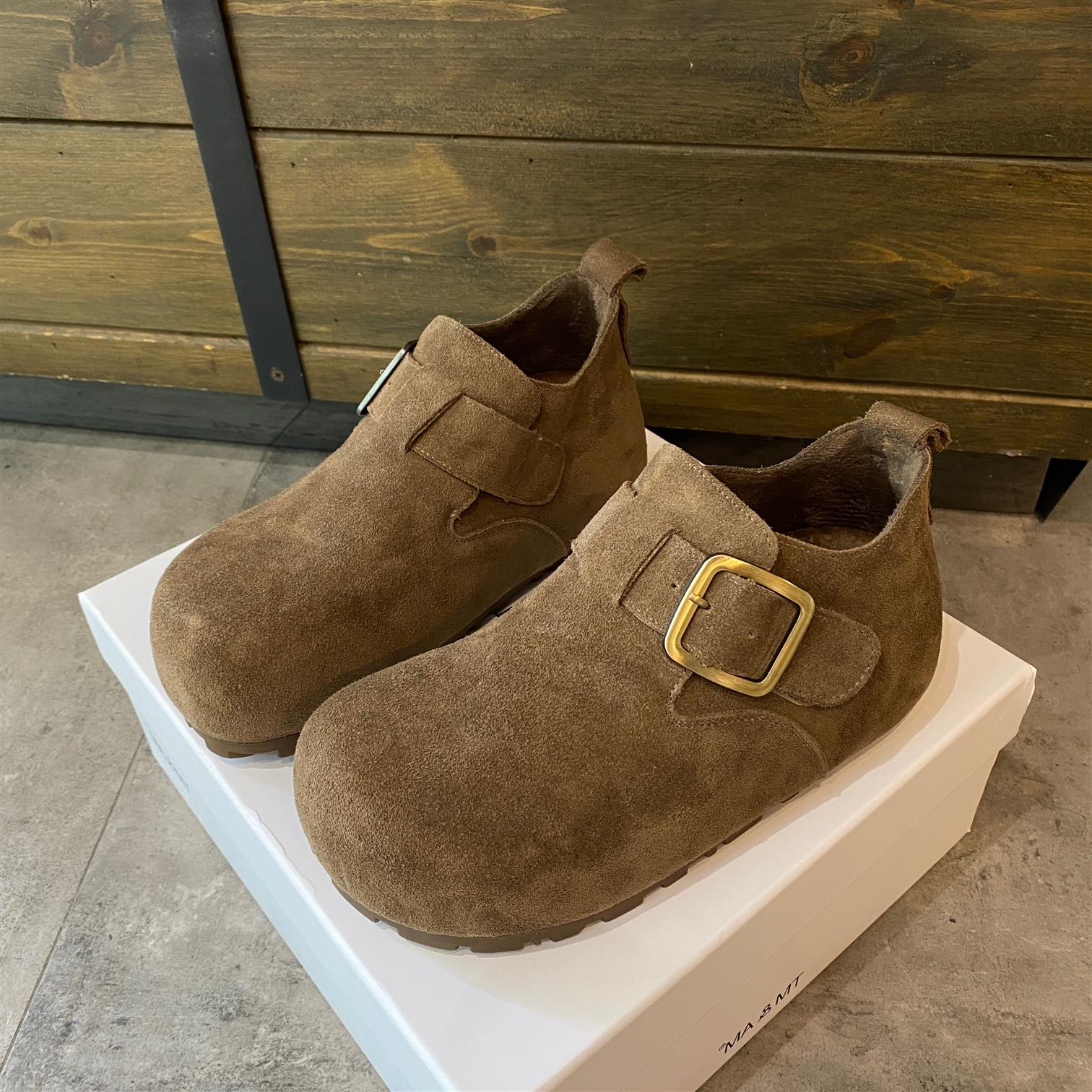 真皮厚底内加绒勃肯鞋女2025冬季新款百搭复古魔术贴懒人棉鞋