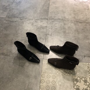 欧美风尖头皮带扣短靴女冬季法式尖头内绒面平底时装靴加绒