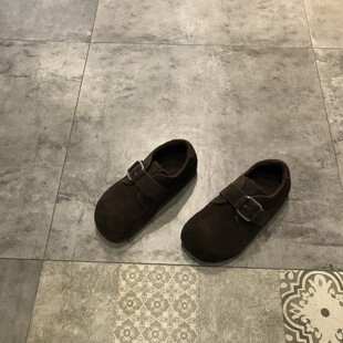 韩版时尚复古反绒皮勃肯鞋女加绒羊羔毛保暖搭扣圆头休闲厚底鞋