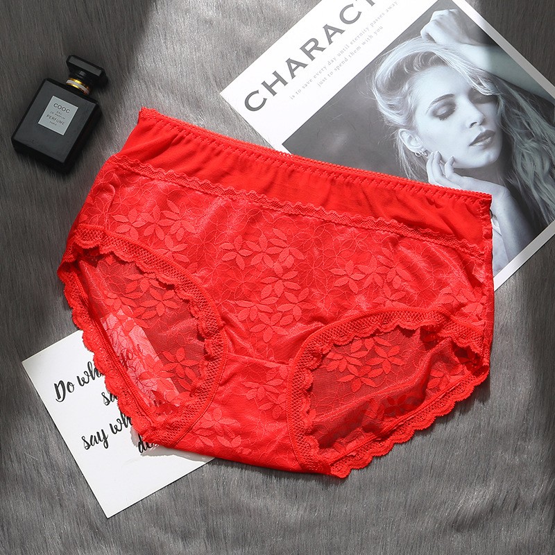 本命年大红中腰内裤蕾丝透明女