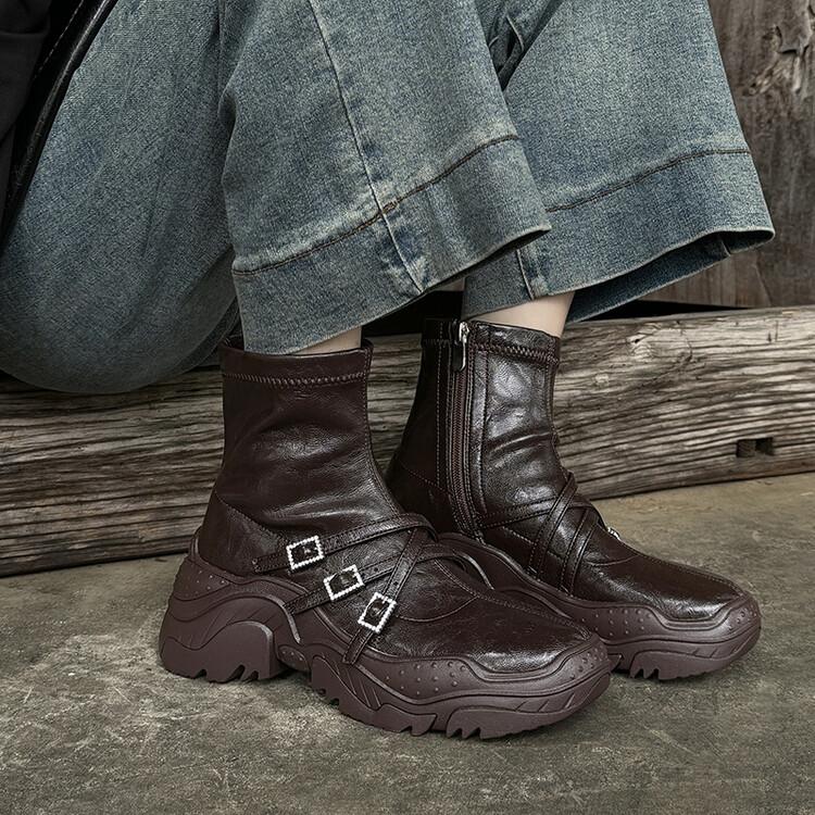 圆头厚底女鞋2024秋冬新款弹力靴