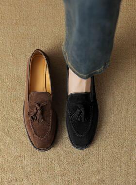 SIX MADDEN2024冬季女鞋粗跟豆豆鞋乐福鞋加绒流苏单鞋女 SMC405