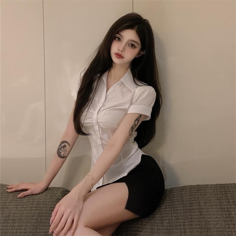 大码收腰短袖白衬衫女JK套装制衬衫