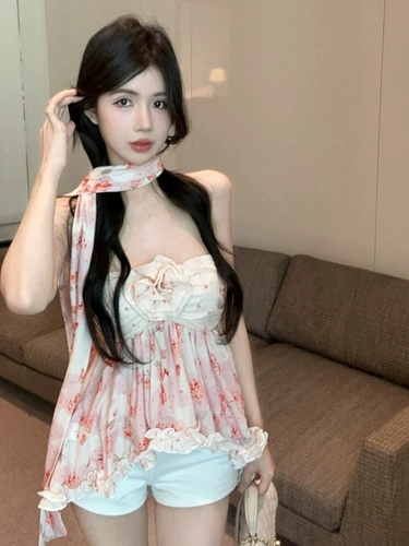 Милый топ без лямок, приталенный бюстгальтер-топ, открытые плечи, в цветочек, цветочный принт, высокая талия