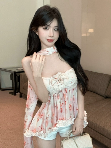 Милый топ без лямок, приталенный бюстгальтер-топ, открытые плечи, в цветочек, цветочный принт, высокая талия