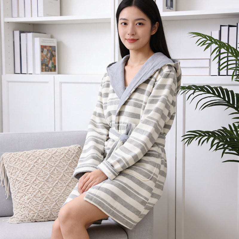 纯棉割绒条纹短款带帽女士浴袍四季大浴巾浴衣少女心日式可爱学生