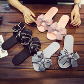 韩国专柜新款 百搭可外穿防滑居家拖鞋 绸缎女士拖鞋 简约蝴蝶结时尚