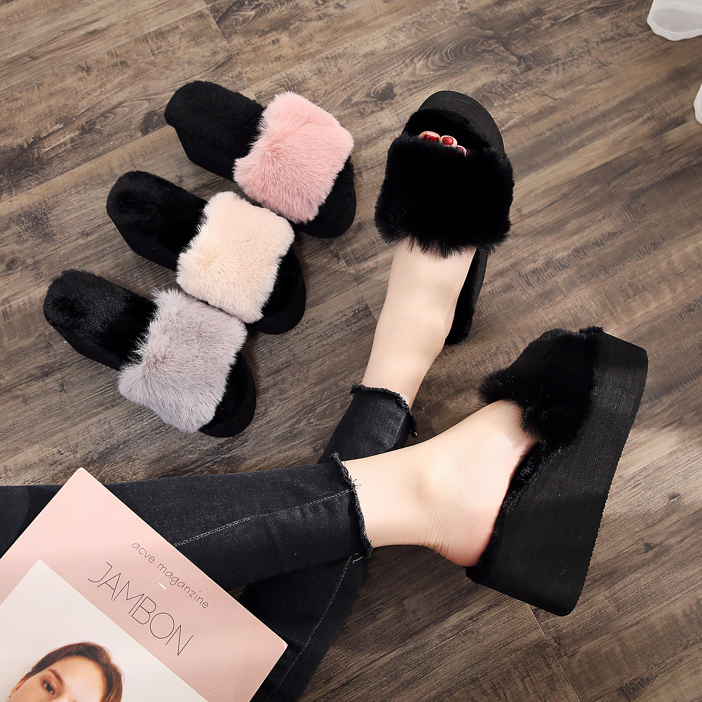 网红百搭厚底时尚外穿兔毛棉拖