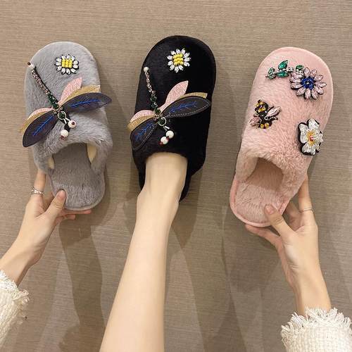 居家拖鞋女2025年秋冬季新款防滑平底室内蜻蜓水钻棉拖鞋包头拖鞋