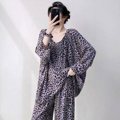 2025新款豹纹棉绸睡衣女薄款长袖宽松慵懒风可外穿大码家居服套装
