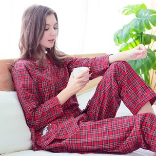 睡衣女士春秋季纯棉开衫梭织格子夏季中年妈妈棉布大码家居服套装