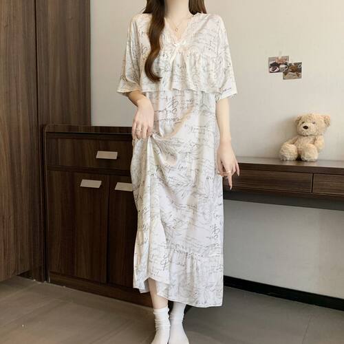 棉绸裙子短袖睡裙夏季女2026新款不带胸垫防凸点人造棉睡衣家居服