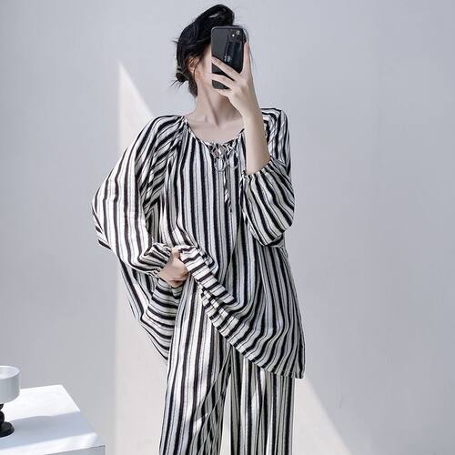棉绸睡衣女春秋夏薄款长袖绵绸家居服人造棉绸套装大码宽松慵懒风