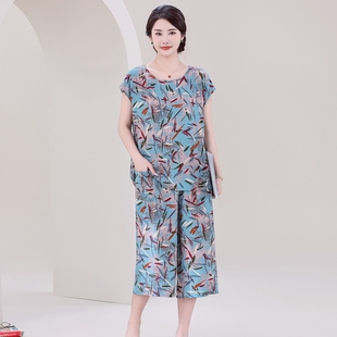 2025新款 妈妈夏季 睡衣女款 夏中老年绵绸家居服大码 薄款 人造棉短袖