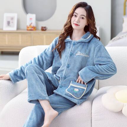 秋冬季珊瑚绒睡衣女加厚加绒大码中老年妈妈保暖法兰绒家居服套装