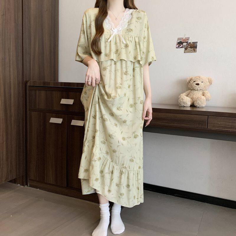 睡衣女睡裙夏季人造棉绸大码长款连衣裙灯笼袖可外穿甜美绵绸裙子图片