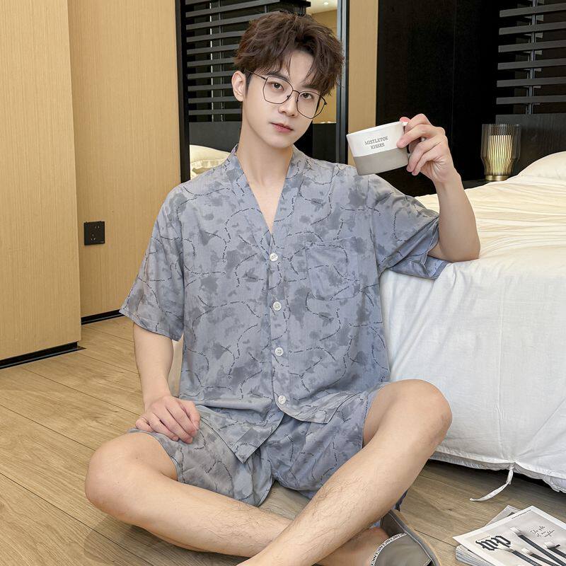 薄款棉绸睡衣男士夏季青少年大码简约短袖短裤宽松v领绵绸人造棉