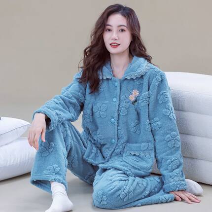 睡衣女秋冬季加绒加厚珊瑚绒中老年大码新款法兰绒保暖套装家居服