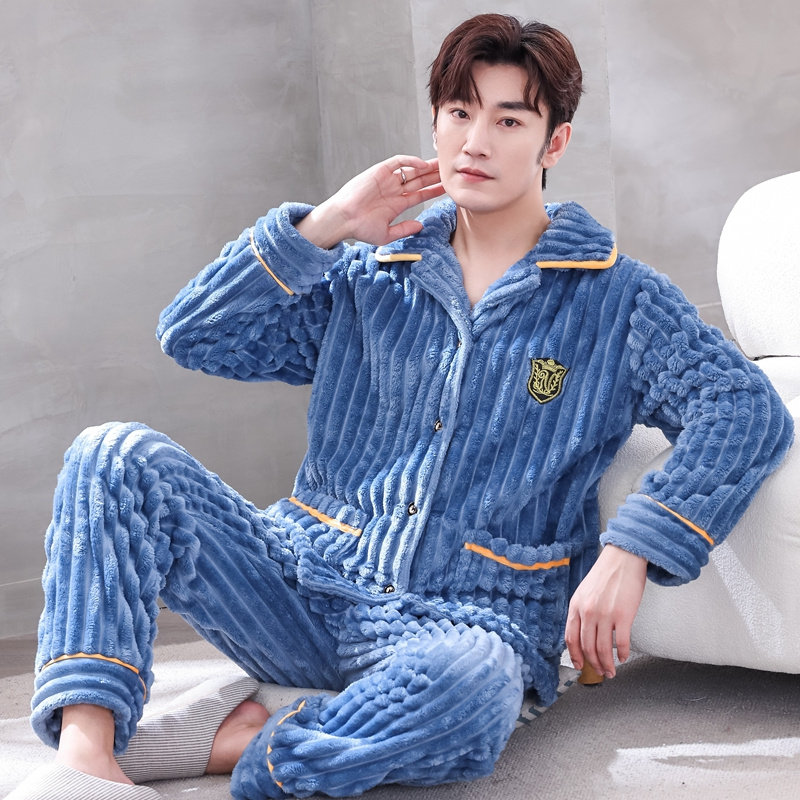 秋冬季珊瑚绒睡衣男士大码长袖套装加厚加绒法兰绒春秋家居服冬天