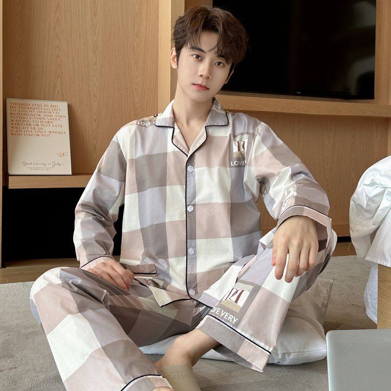 男士睡衣春秋夏季梭织纯棉布长袖格子开衫大码全棉男款家居服套装