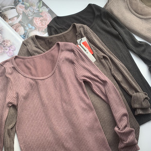 飞岛国妇人自发热上衣高弹力无缝一体圆领保暖秋衣女士打底衫包邮