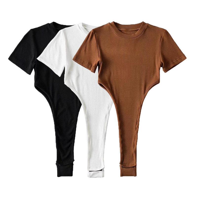 夜店超辣高开叉短袖连体t恤女夏季新款弹力紧身露腰连档上衣t恤潮