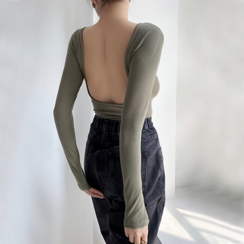 长袖性感欧美适中露背螺纹棉