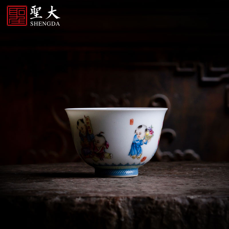圣大陶瓷功夫茶杯品茗杯純手繪粉彩五子獻(xiàn)瑞主人杯景德鎮(zhèn)手工茶具