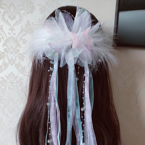 超仙羽毛发饰流苏长飘带发夹古风后压绢纱花朵古装汉服头饰后脑勺