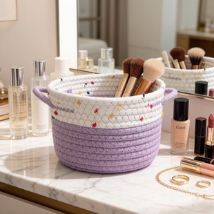 ins风拼色棉绳收纳篮 带提手 桌面杂物整理筐 卧室化妆品置物篮