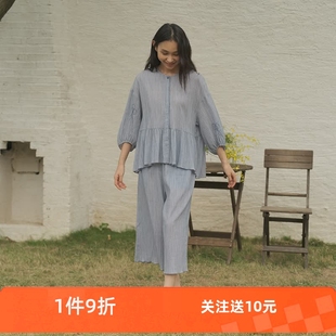 套装 朵朵可可睡衣女2025夏季 七分裤 新款 家居服 竖条炒色棉布七分袖