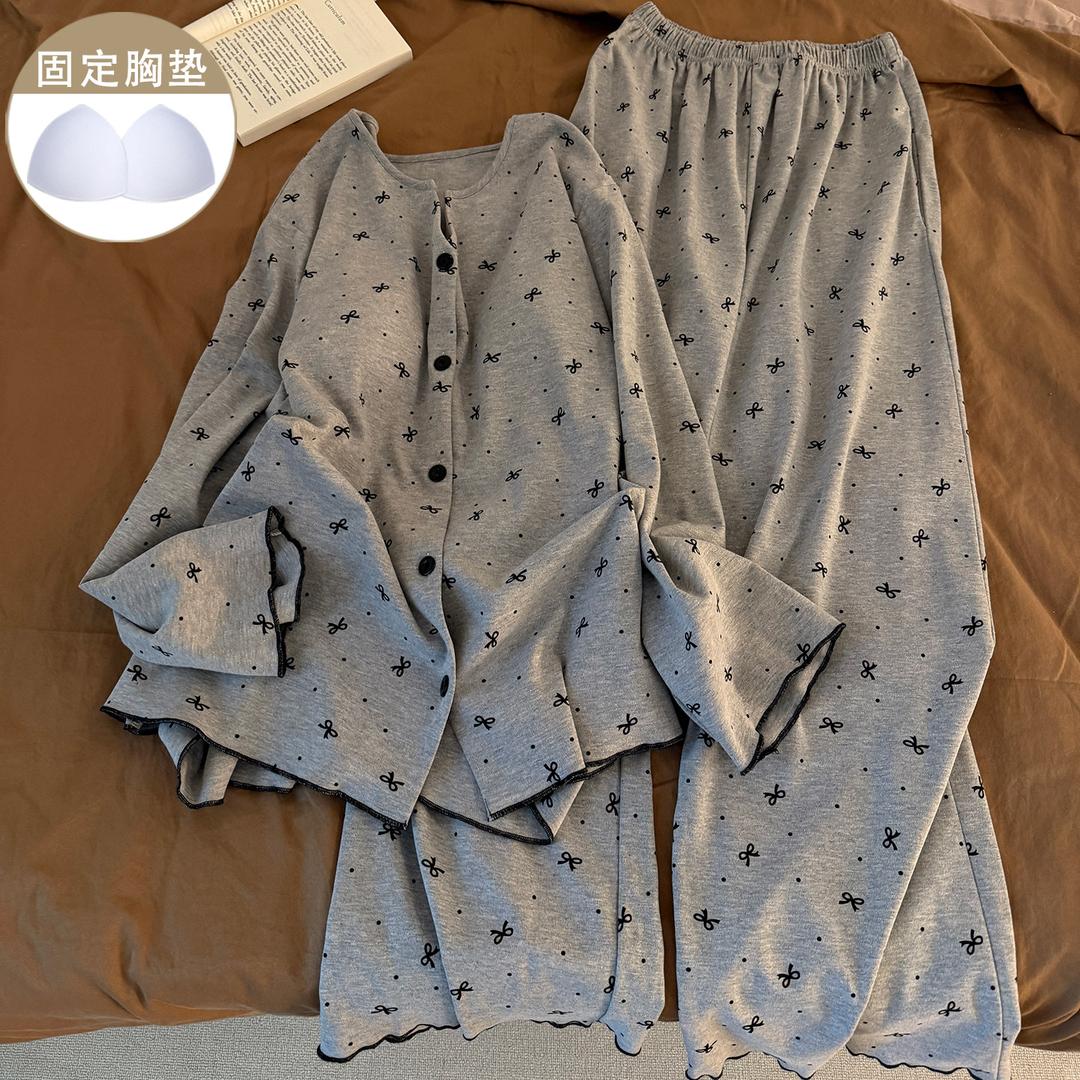 韩系风灰色蝴蝶结睡衣女春秋季新款带胸垫V领长袖长裤家居服套装