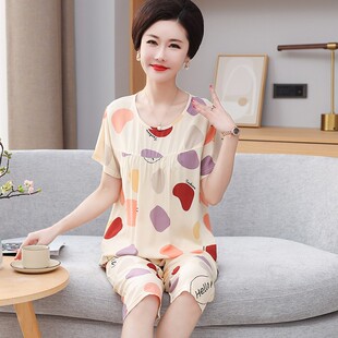薄款 大码 圆领短裤 中年妈妈家居服套装 七分裤 中老年女睡衣棉绸夏季