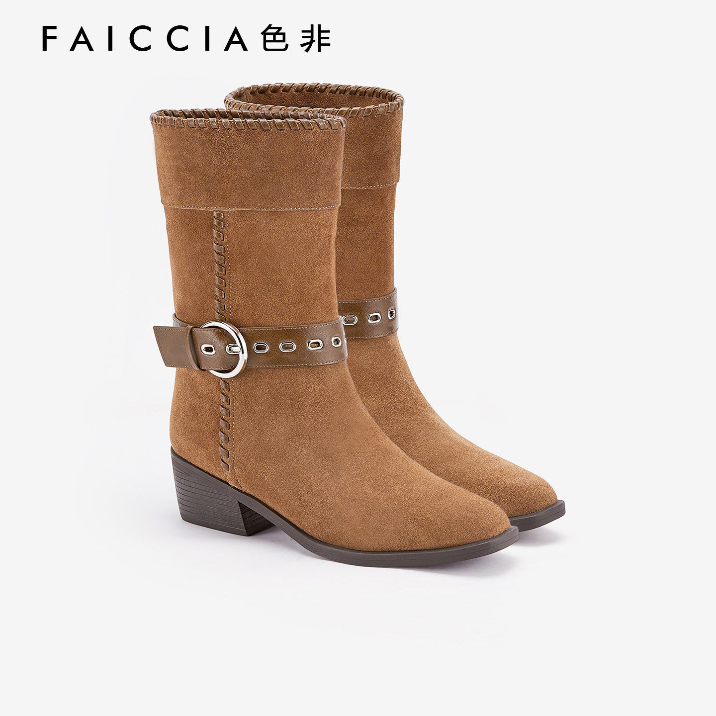 色非复古风绒面中筒靴女2025冬季新款气质时装靴色西部牛仔靴892K,女鞋,西部靴,淘宝优惠券,粉丝福利购,淘宝优惠卷