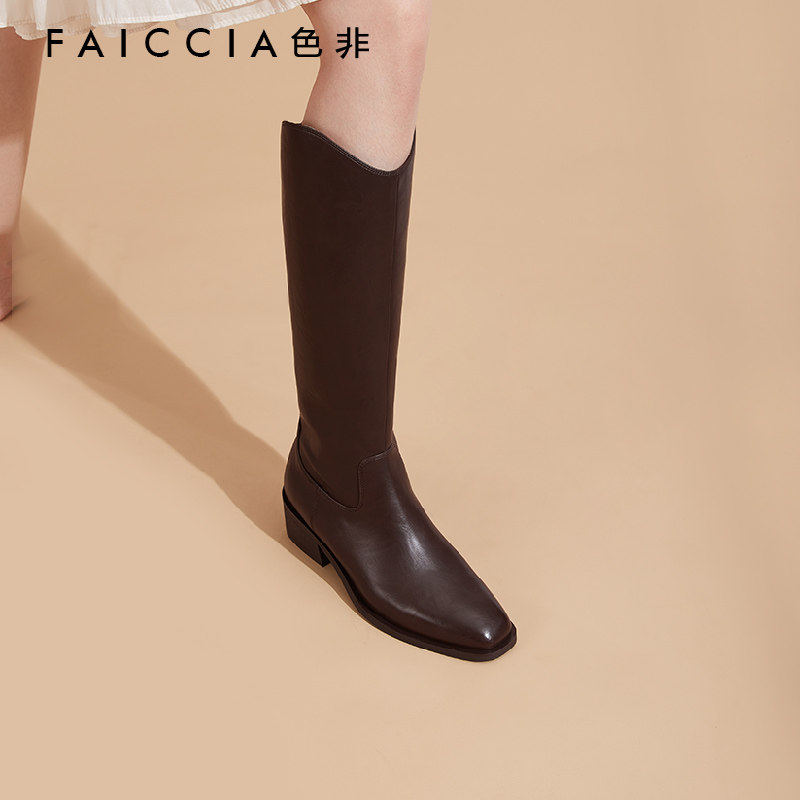 色非尖头长筒靴2024冬季新款小个子不过膝V口西部牛仔靴骑士靴女,女鞋,骑士靴,淘宝优惠券,粉丝福利购,淘宝优惠卷