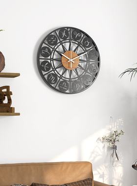 创意十二星座挂钟客厅装饰铁艺木盘个性艺术时钟