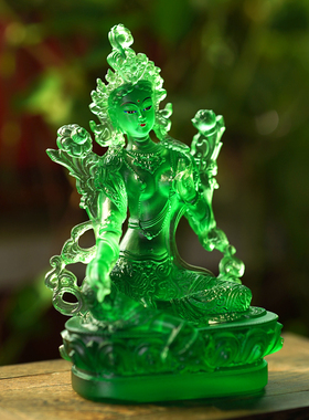 珍悦古法琉璃彩绘绿度母佛像摆件