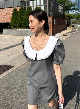 韩国Helder泡泡袖西装连衣裙气质优雅花边U型娃娃领修身短裙