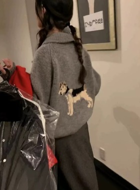 Ribbonbit韩国小狗图案针织开衫慵懒风宽松休闲通勤拉链设计上衣