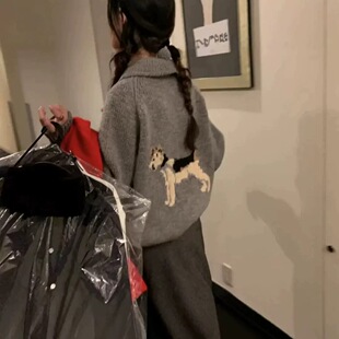 Ribbonbit韩国小狗图案针织开衫慵懒风宽松休闲通勤拉链设计上衣